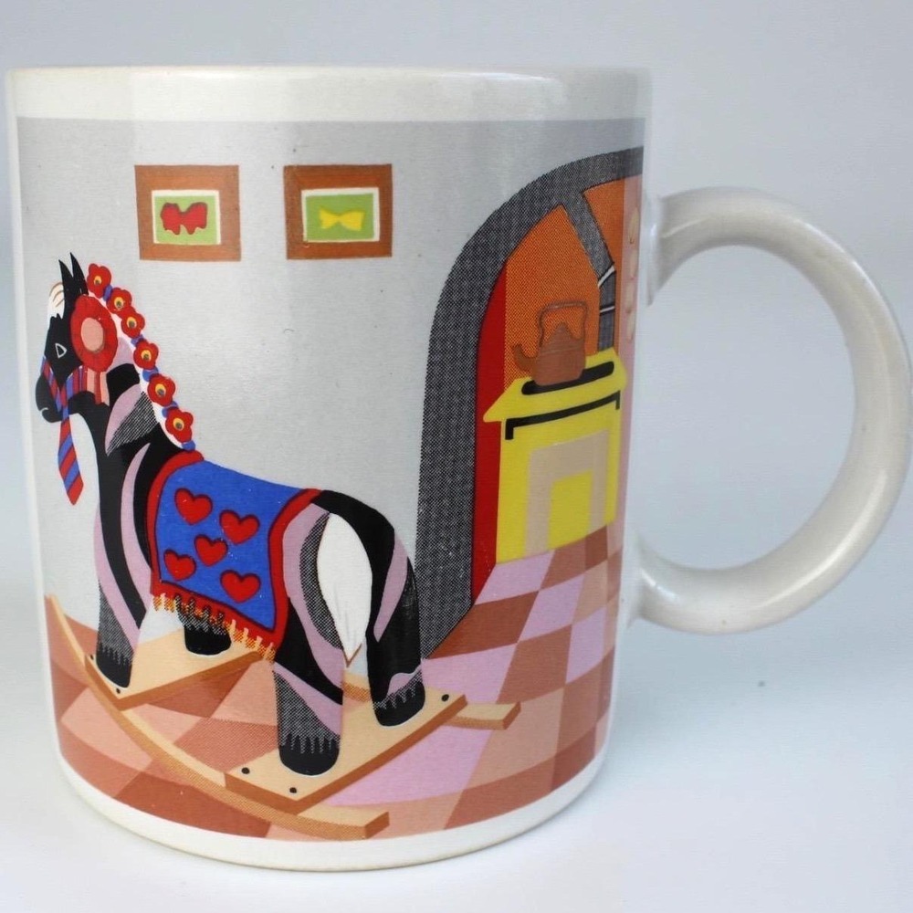 Vintage Ceramic Coffee Mug Japan Rocking Horse Hearth Folk Art Design White
